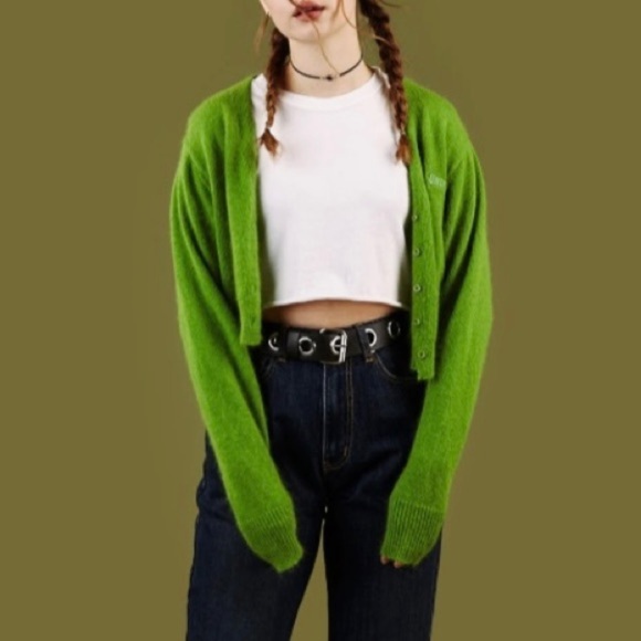 UNIF Liv Cropped Cardigan V Neck Button Front Alpaca Blend Sweater Green XS - Picture 7 of 16